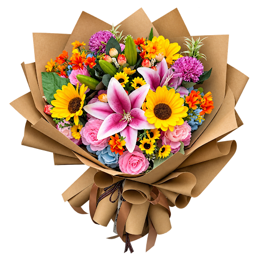 A colorful wrapped bouquet with two sunflowers, a pink lily, and pink roses
